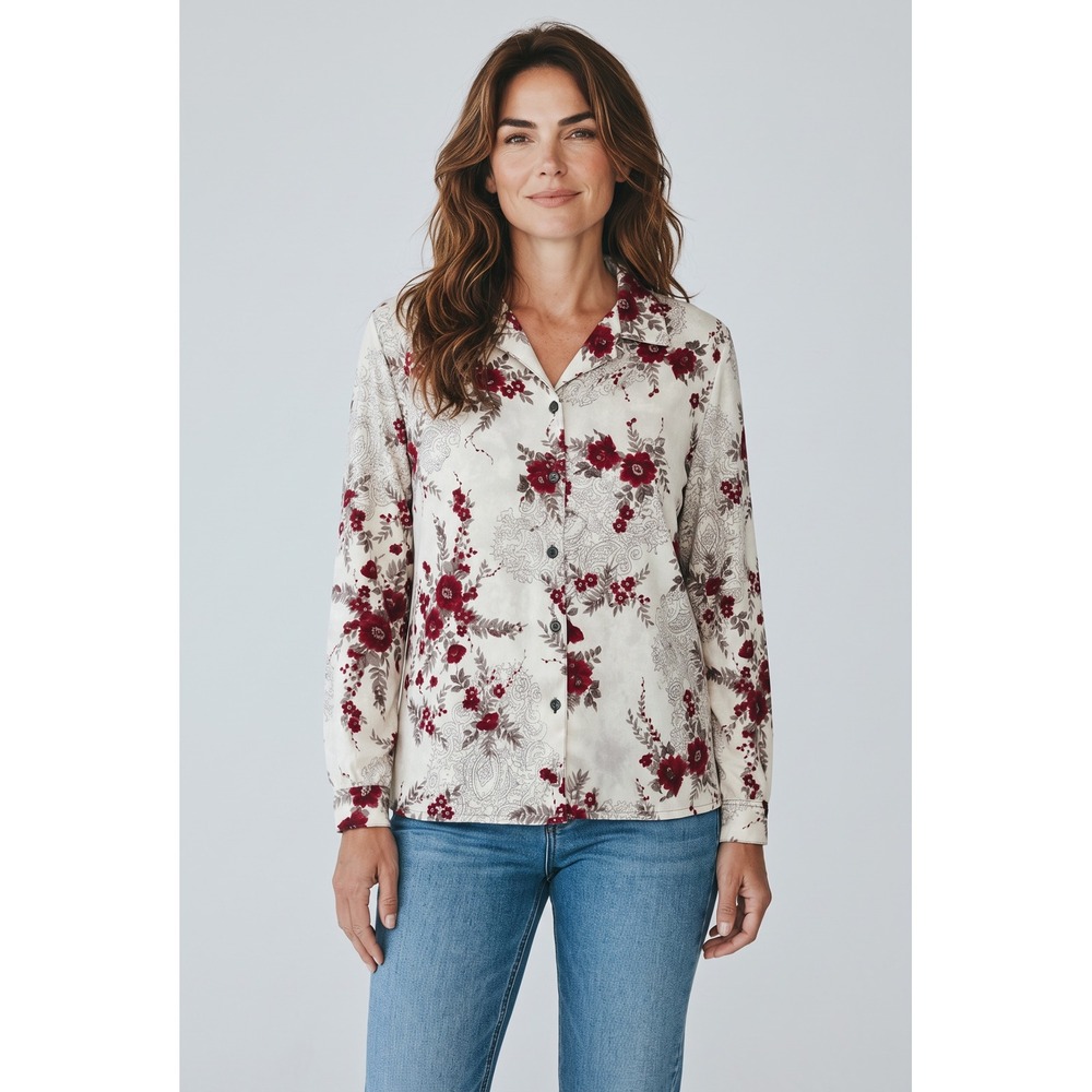 Allison Daley Womens Red Floral Paisley Button Down Shirt Blouse Cream Size 16